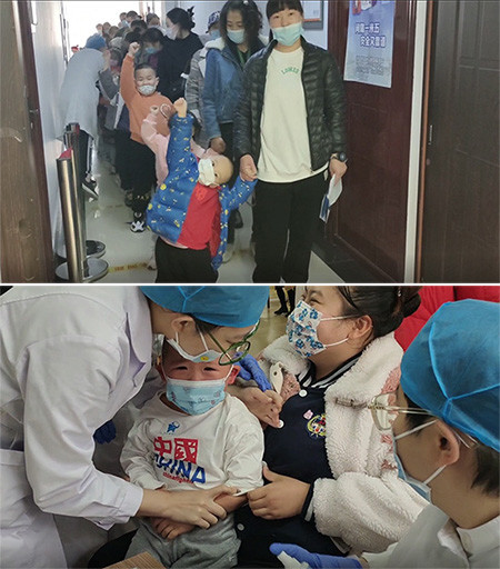 广东省佛山市南海区西樵第二小学新冠疫苗接种专场,医护人员正在做