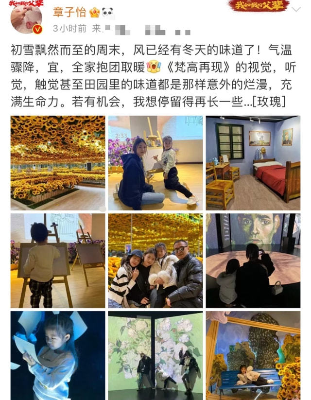 章子怡一家五口看展览，小苹果颜值吸睛，小儿子背影呆萌可爱！