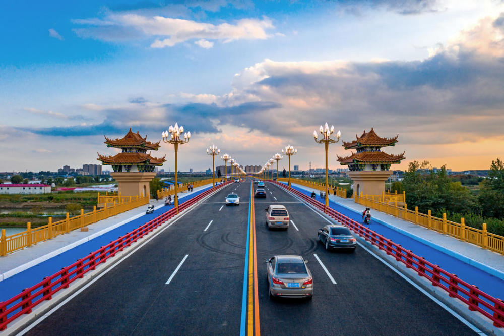 烏巾蕩大橋位於泰州興化市城北,跨躍烏巾蕩溼地公園,引橋兩側各設一朵