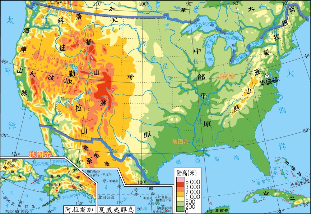 美国地形地势图高清版图片
