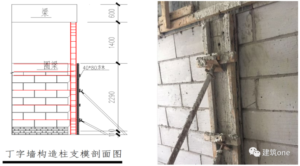 1#楼二次结构施工,丁字墙构造柱模板加固方案是采用钢管支撑【原工艺