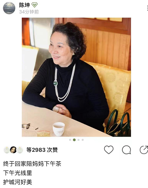 陈坤陪妈妈喝下午茶，躺妈妈怀里噘嘴撒娇似大男孩，画面温馨有爱