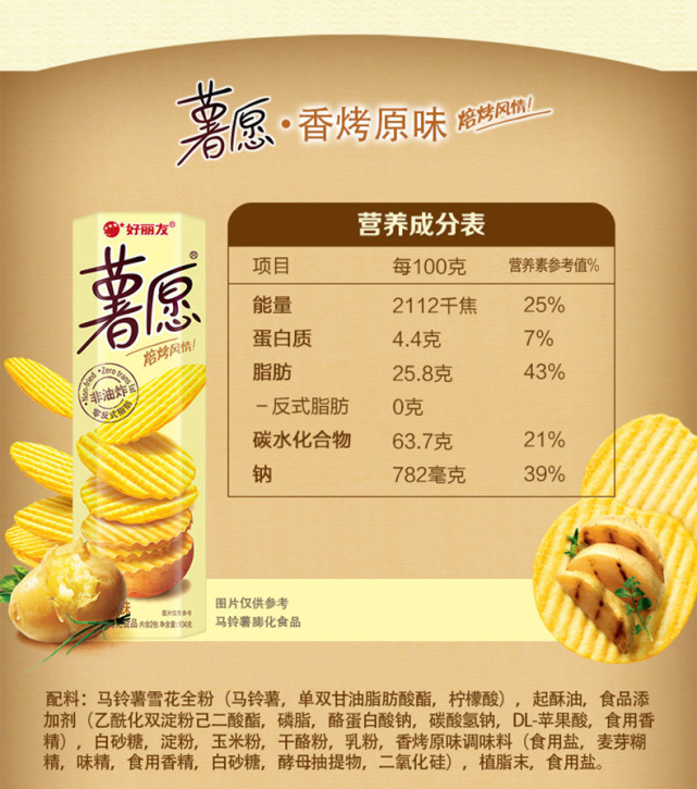 比如一袋薯片的营养成分表,每100克能量2112千焦,相当于4碗米饭,能量