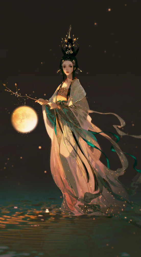 浓厚高级质感古风美人插画,大量的留白让人物充满了韵味