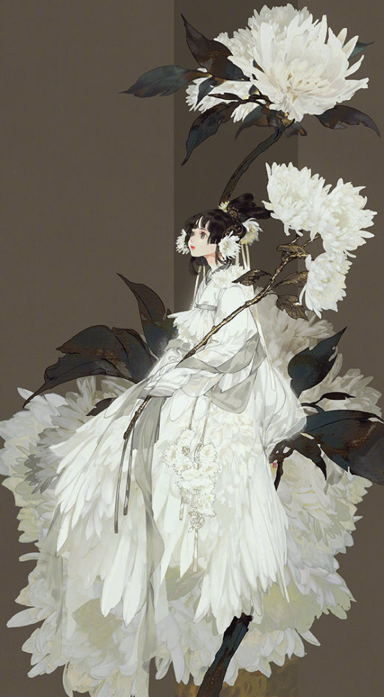 浓厚高级质感古风美人插画,大量的留白让人物充满了韵味