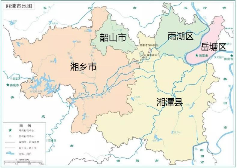 省(左)和湘潭市(右)地圖湘潭市總面積5006平方千米,下轄湘潭縣,韶山市