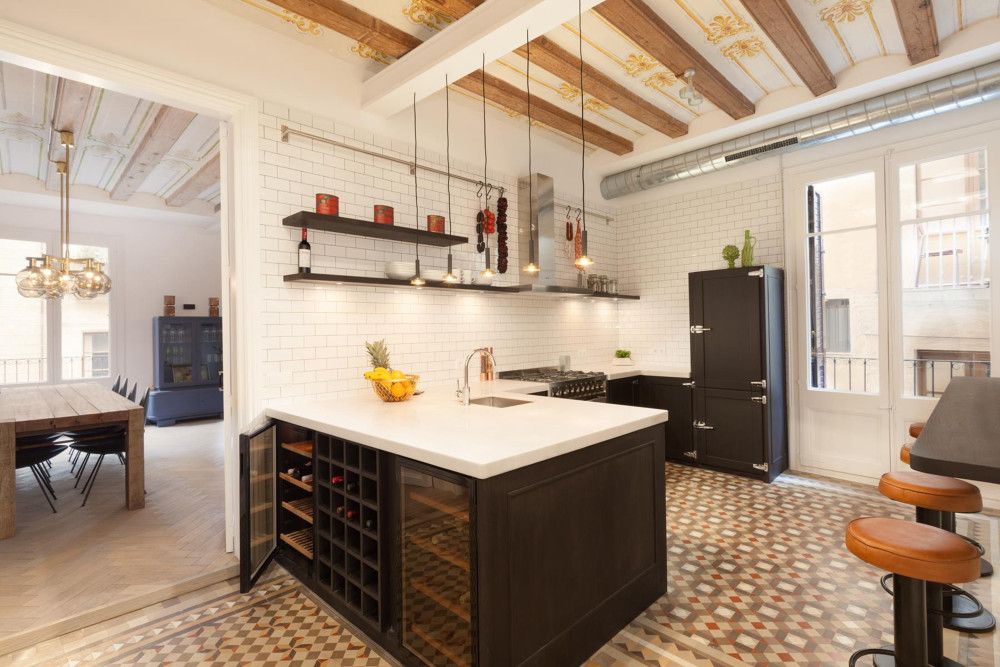 110平北欧风三居室开放式厨房造型别致的木质吊顶质朴清新