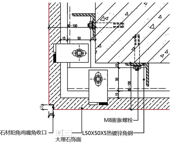 【石材背栓干挂工艺节点【海棠角工艺节点】石材收口施工1.