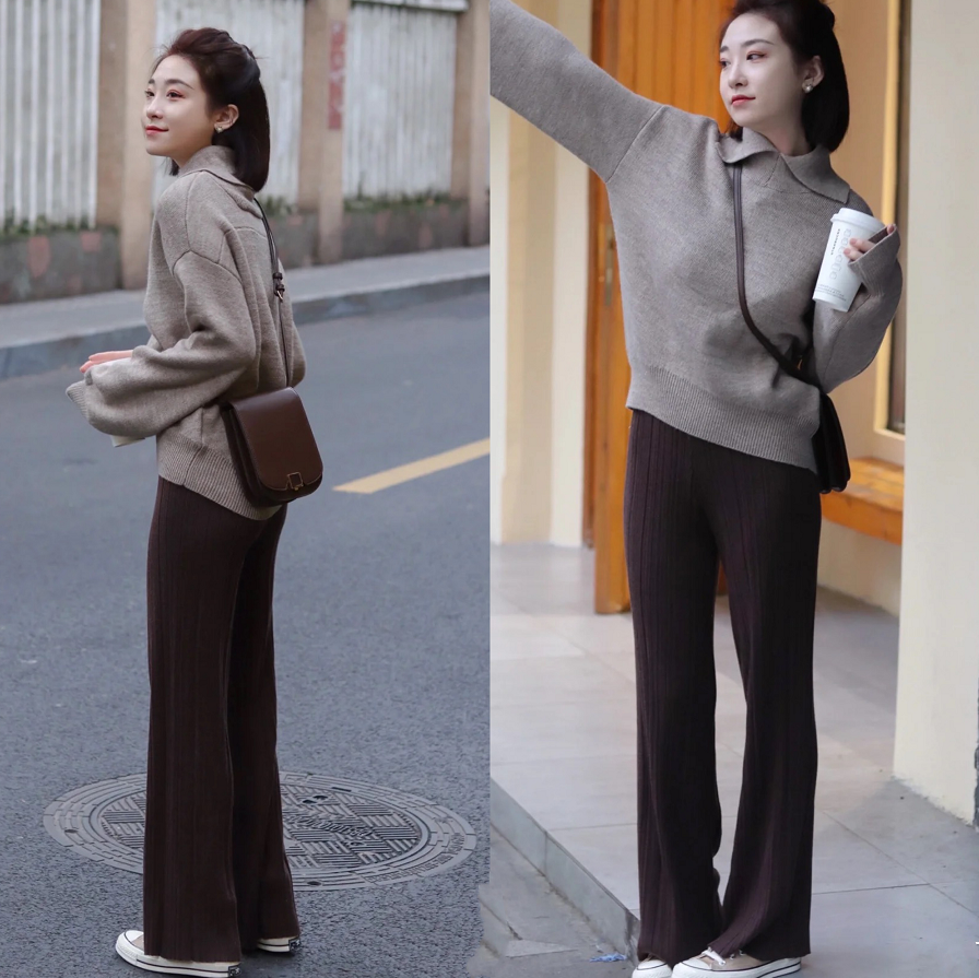 基础的纯色系针织衫搭配上同色系的高腰阔腿裤,在通身的色彩搭配上