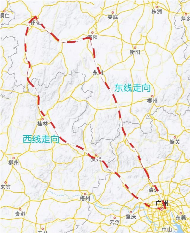 懷化至廣州高鐵有兩條路線走向西線走桂林東線走永州