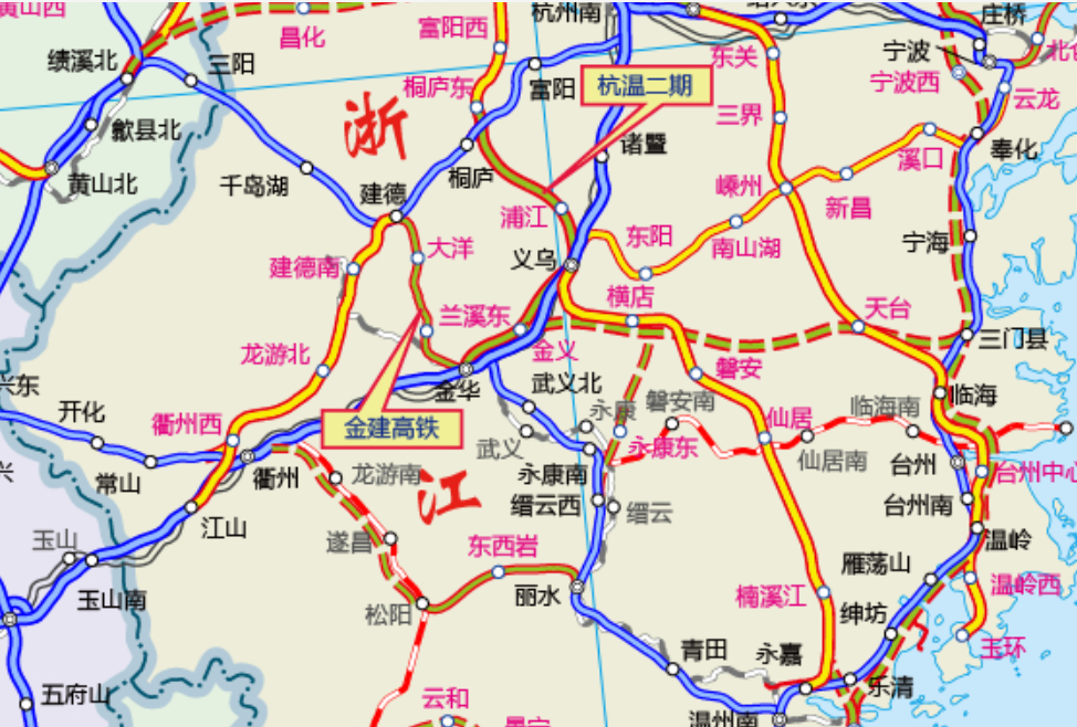 金建高铁与杭温高铁示意图杭温高铁:目前在建的一期工程(义乌至温州段