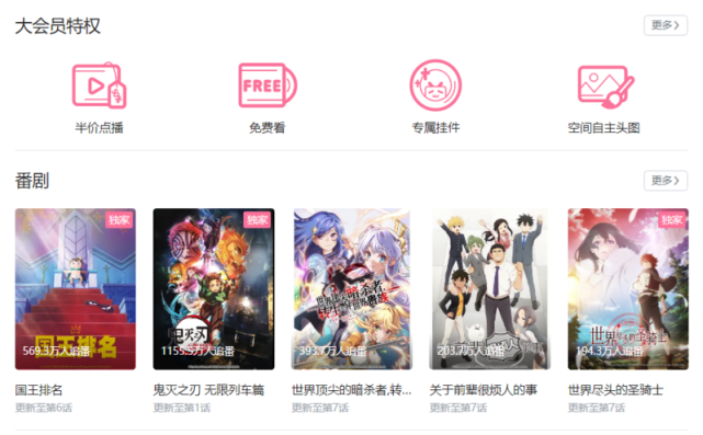 B站大会员的主要权益体现在独家番剧上，对于不追番的用户来说需求并不高。来源：B站官网