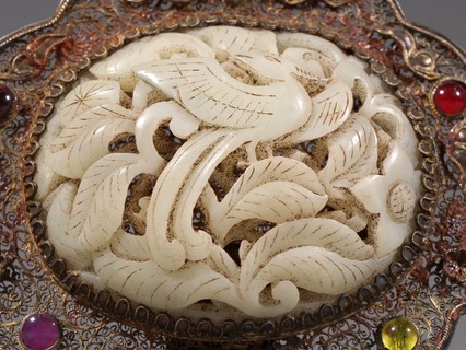 辽金 银鎏金花丝嵌和田玉凤纹挂件.