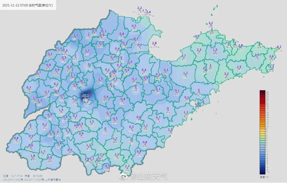 夜間最低氣溫:魯西北,魯中和魯東南地區 -6～-4℃,其他地區 -3～-1℃.