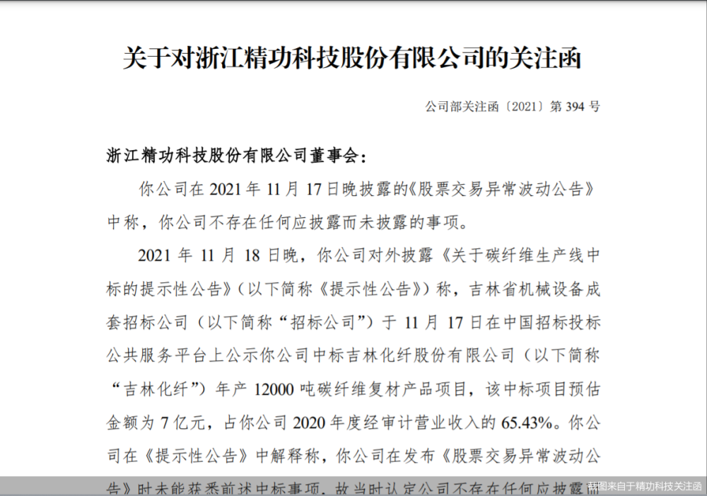 精功科技7億大單未及時披露深交所關注函來了