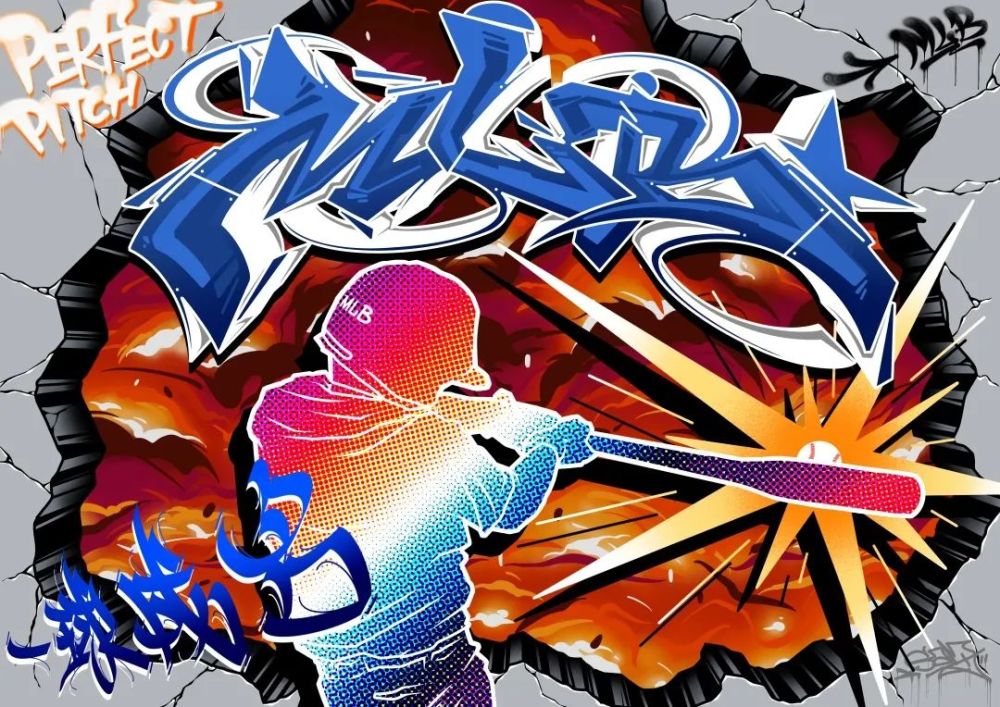 画风流畅,配色大胆,搭配涂鸦元素与棒球运动素材的细节,象征着运动的