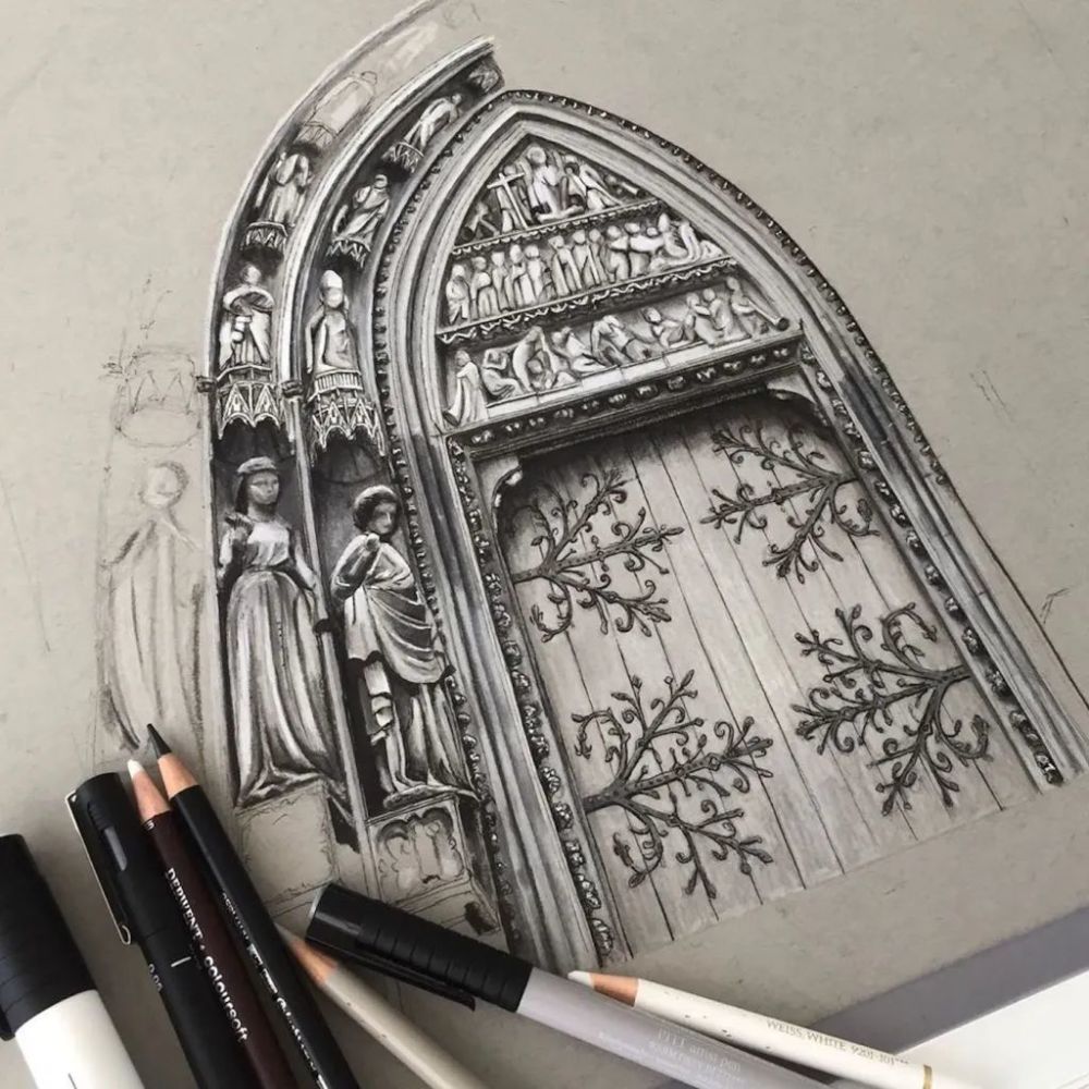 英国女孩手绘哥特式建筑复杂精致的素描令人吃惊质感绝了