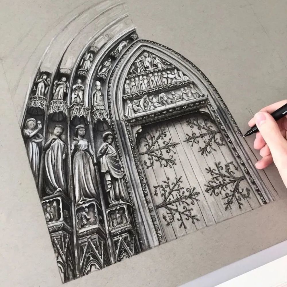 英国女孩手绘哥特式建筑复杂精致的素描令人吃惊质感绝了