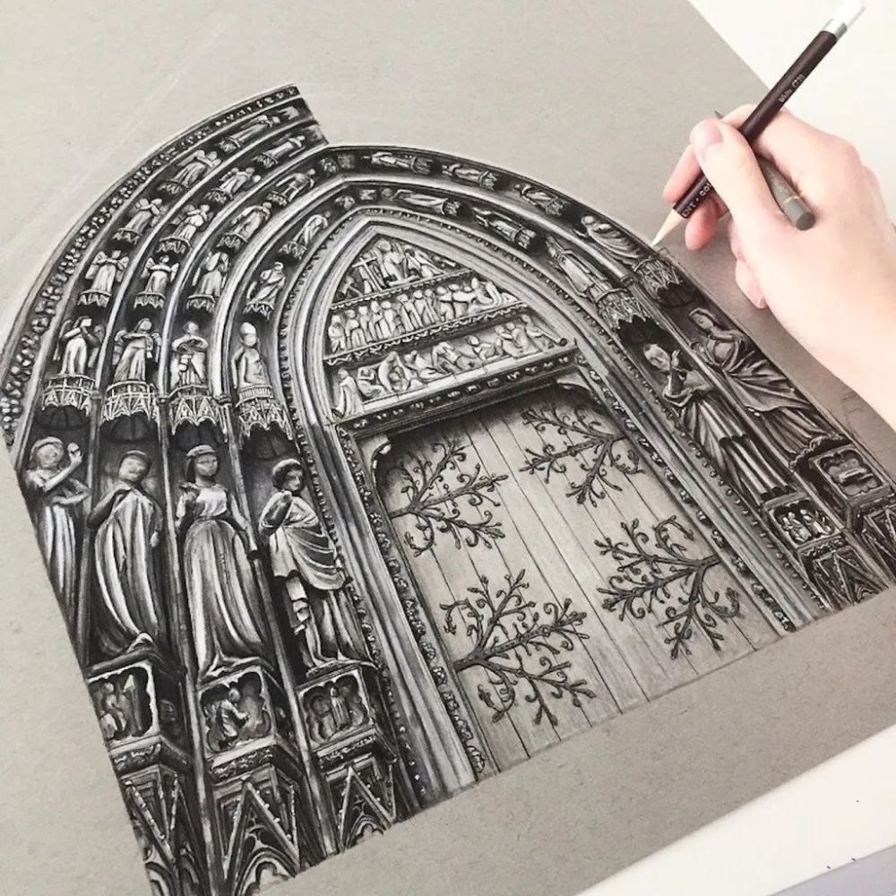 英国女孩手绘哥特式建筑复杂精致的素描令人吃惊质感绝了