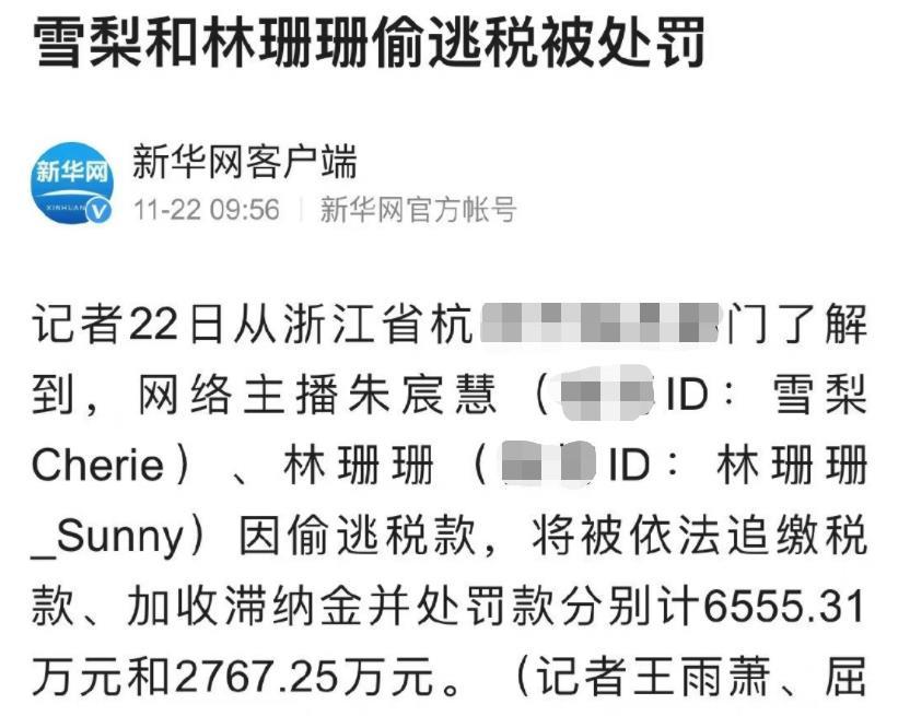 近日,有官方媒体报道知名网红林珊珊和雪梨两人因偷逃税款将被依法