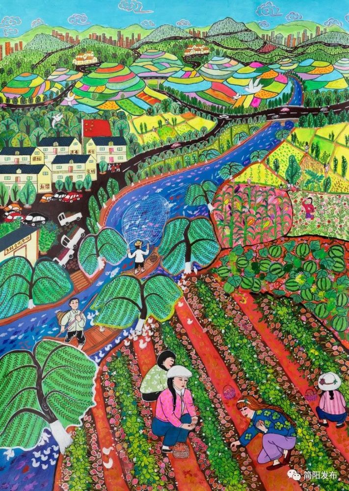 简阳农民画一起云赏画感受农村新风貌