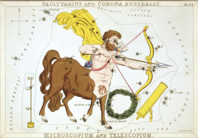 希腊神话中与射手座相关的是人马喀戎,他在传说中十分高尚,是许多英雄