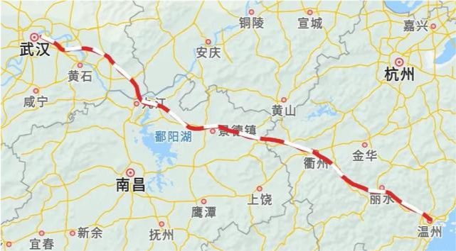 溫州至武漢高鐵,新修溫州至九江段即可,設計時速350km/h