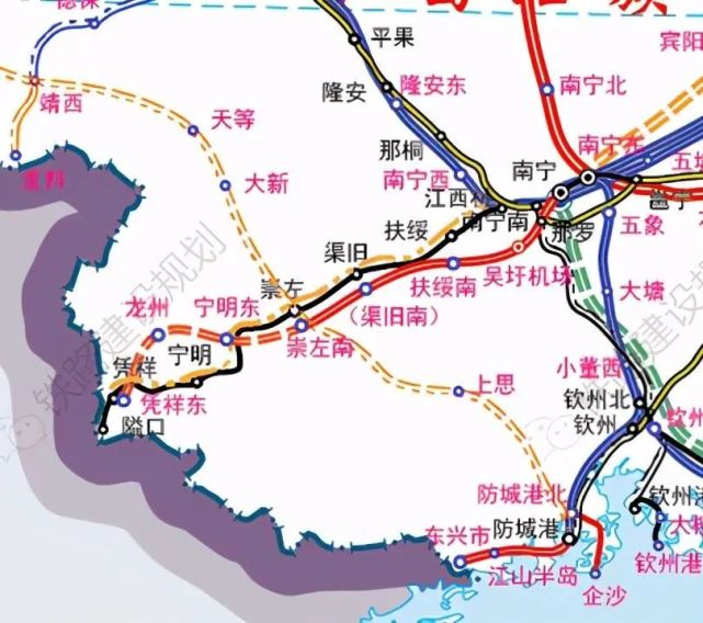 县天西镇设宁明东站,在龙州县东南设龙州站,在凭祥市东南侧设凭祥东站