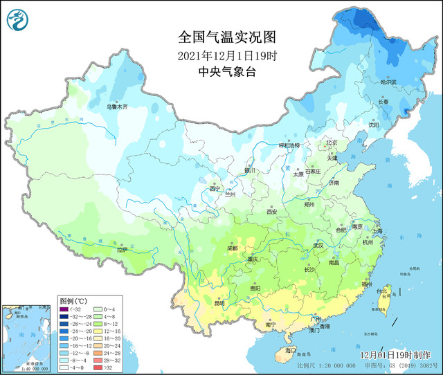 2021年12月1日19时全国气温分布图冬天是一个地区白昼较短,正午太阳