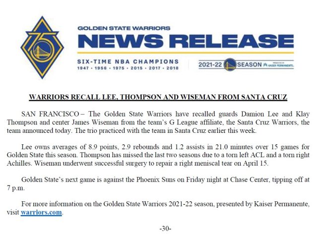 勇士官宣召回 汤普森结束发展联盟生涯 训练赛三分绝杀 18投全中 汤普森 勇士 发展联盟 圣克鲁兹勇士队