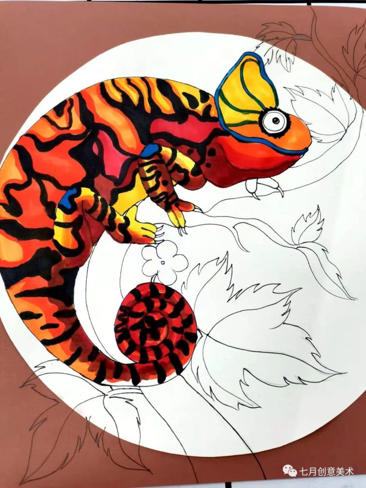 用马克笔搭配颜色注意颜色的渐变和叠加让变色龙更加有层次画出变色龙