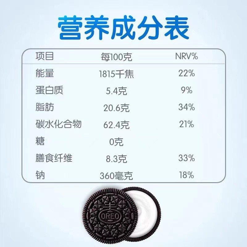 从"0糖"奥利奥的营养成分表来看,即使标注"0糖",但每100克的能量仍然
