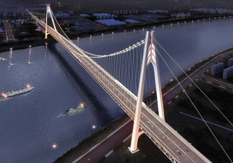 设计理念:江城涛起·如虎添翼方案5主跨1280米双层悬索桥