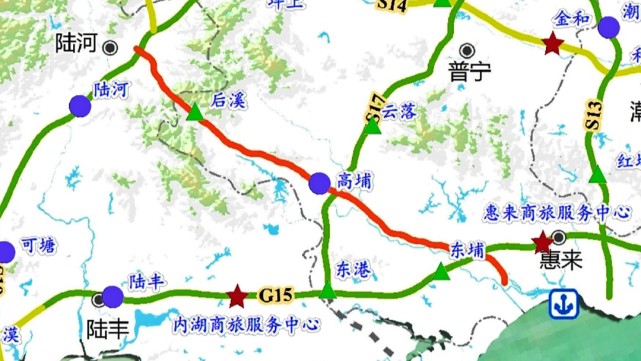 广东省陆惠高速规划中线路,汕尾市陆河县至揭阳市惠来县高速线路