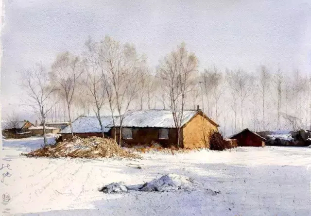 水彩风景画雪地村落艺术家杜拙