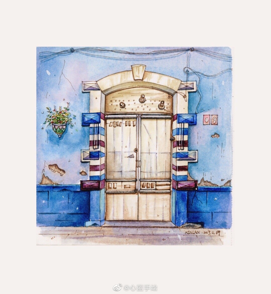 水彩小场景,各式各样的门,画师心蓝手绘
