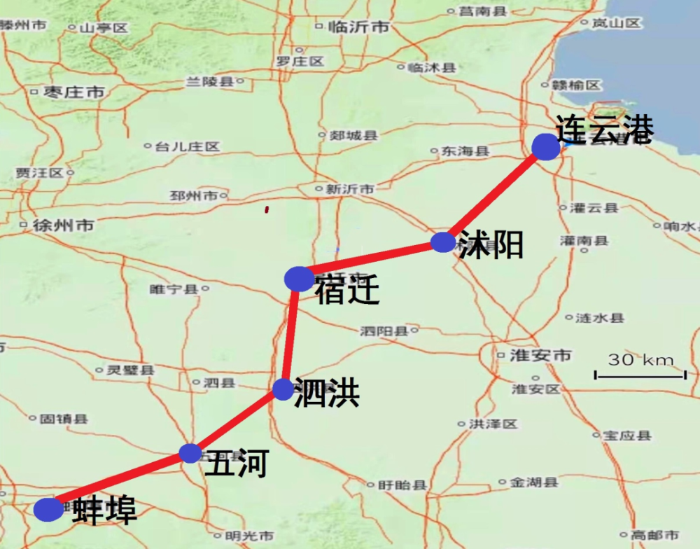 根据评审结果,连宿蚌推荐线路东起连云港,西至安徽蚌埠,途经沭阳,宿迁