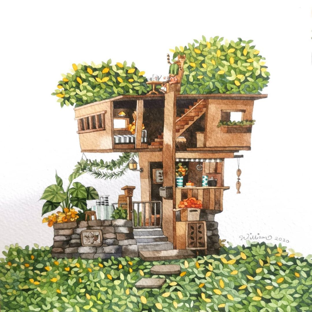 精致漂亮的水彩小屋,画师william sim