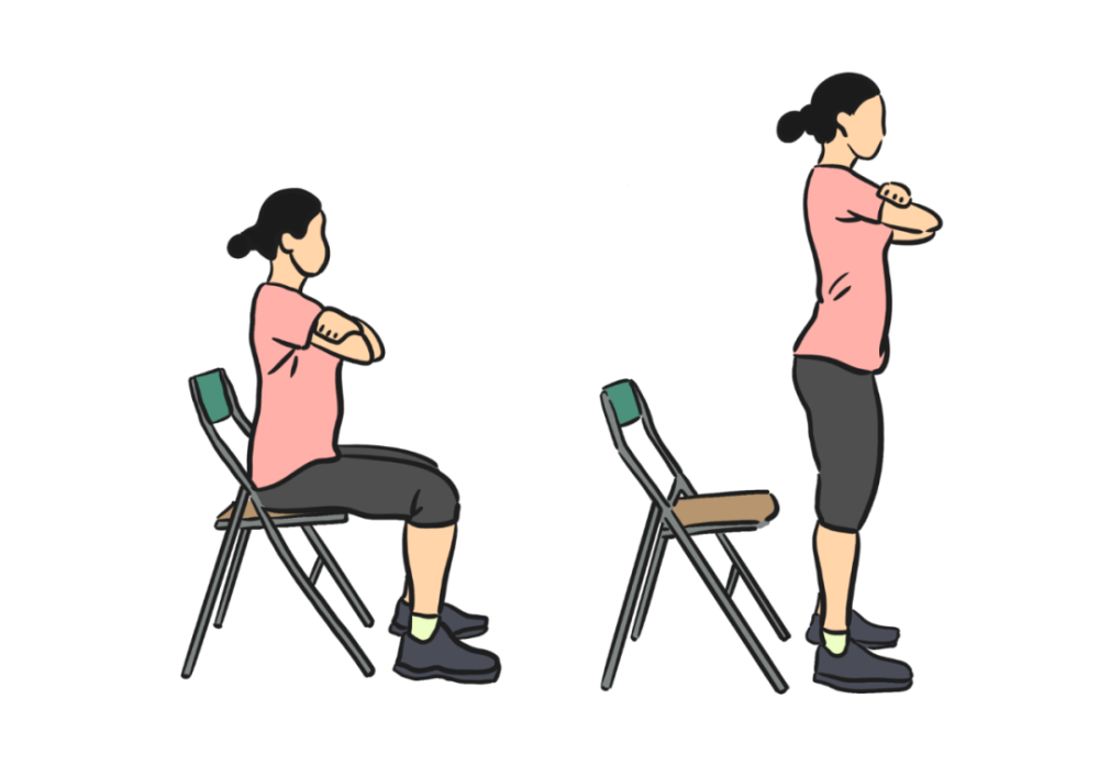 双手抱肩交叉于胸前或平伸,两脚分开,从椅子上站起来,再坐下去.