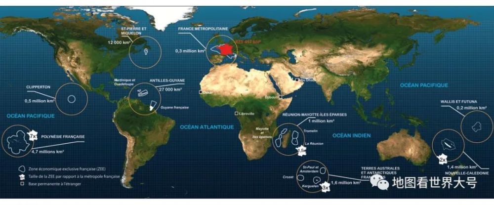 法国海外领地分布图—世界海洋专属经济区第二大的国家不是俄罗斯