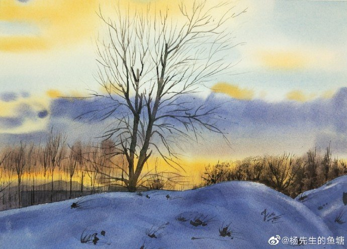 水彩风景画作者杨先生的鱼塘