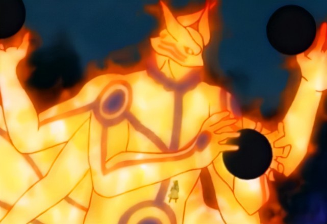 而鸣人在和佐助对拼忍术(因陀罗之矢vs六道尾兽玉螺旋手里剑)时两人