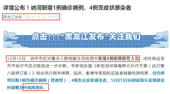 讷河市12月12日下午排查发现2例新冠肺炎无症状感染者在对省外涉疫