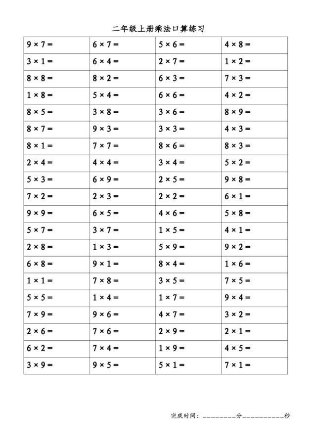 口算題卡:二年級上冊100以內加減法和表內乘法