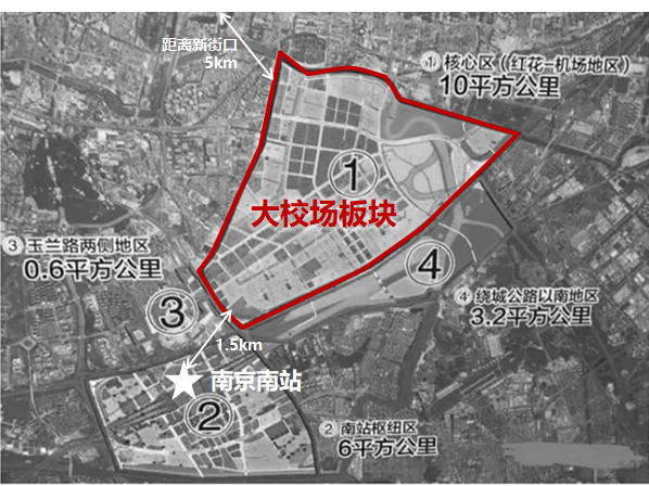 大校場位於南部新城東北部,南接南站大型軌交樞紐,與南京南站直線距離