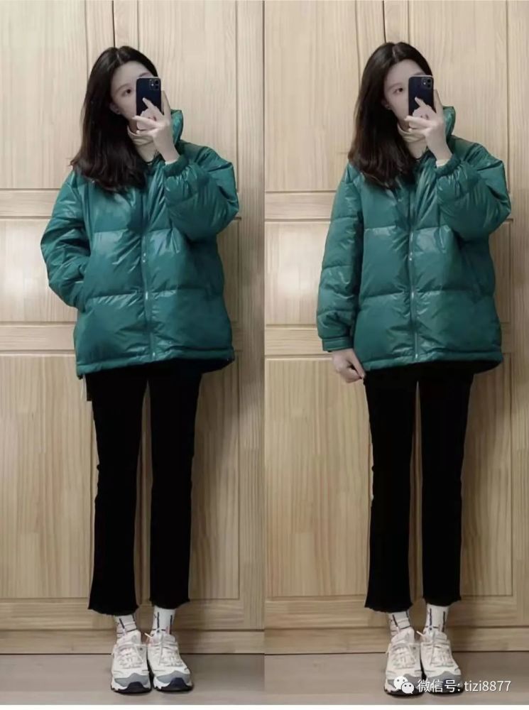 绿色羽绒服穿搭:这身显高显瘦的冬季搭配,上衣这件短款羽绒服是特别的