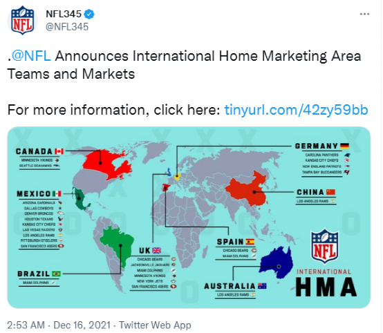 接着写道:nfl还发布了一张显示将与该联盟合作的国家的地图,地图中