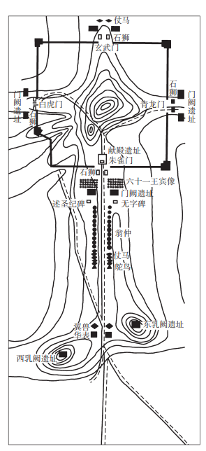 图六  唐乾陵平面示意图(采自刘毅:《中国古代陵墓》第99页,南开大学
