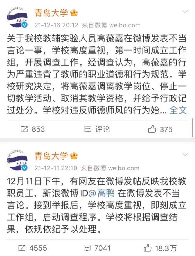 青岛大学16日晚发布消息称,关于学校教辅实验人员高薇嘉在微博发表不