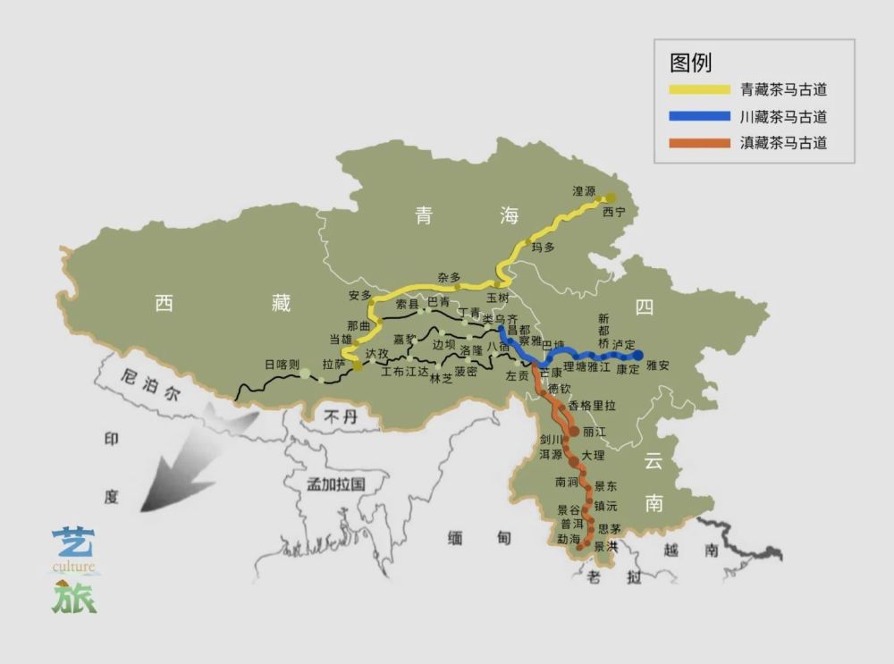 ▽茶马古道的线路图目前公认的茶马古道一共有三条主干道:滇藏茶马